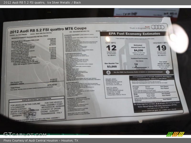  2012 R8 5.2 FSI quattro Window Sticker