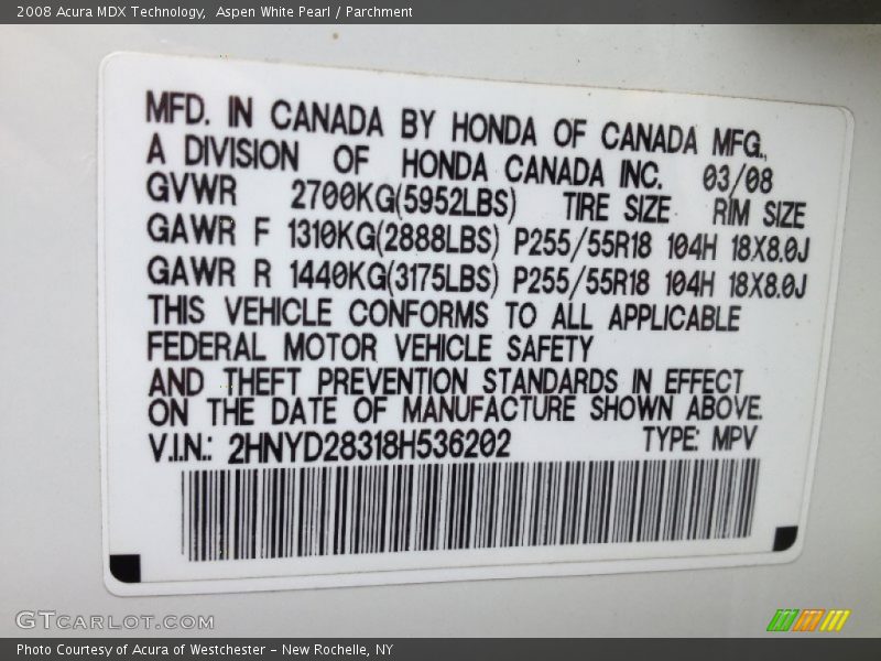 Aspen White Pearl / Parchment 2008 Acura MDX Technology