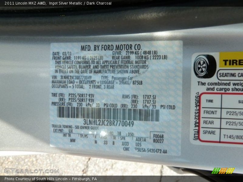 Ingot Silver Metallic / Dark Charcoal 2011 Lincoln MKZ AWD