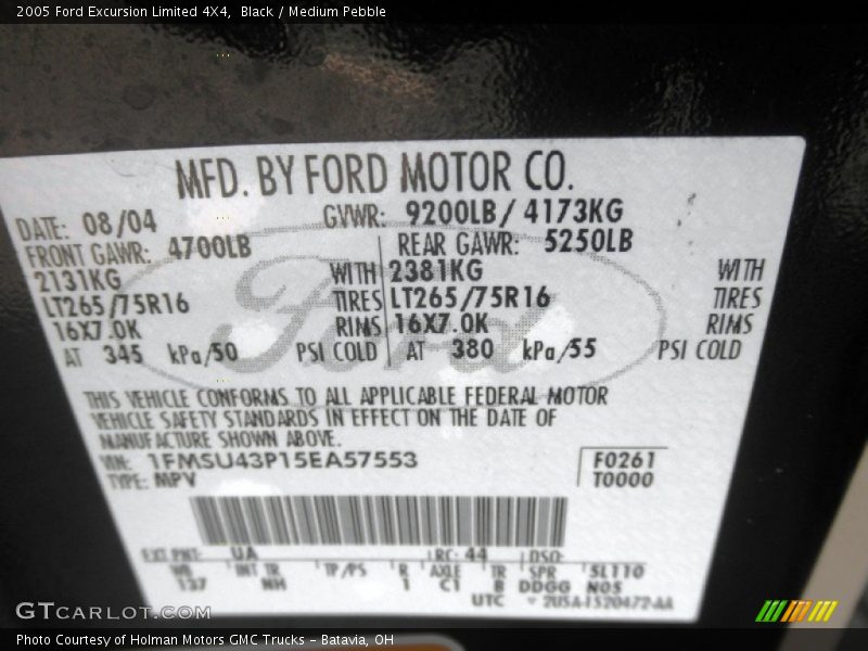 Black / Medium Pebble 2005 Ford Excursion Limited 4X4