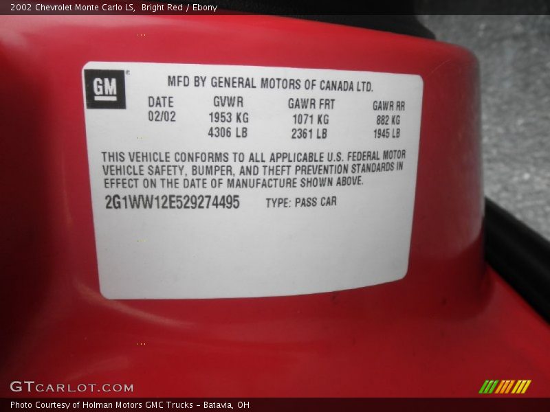 Bright Red / Ebony 2002 Chevrolet Monte Carlo LS