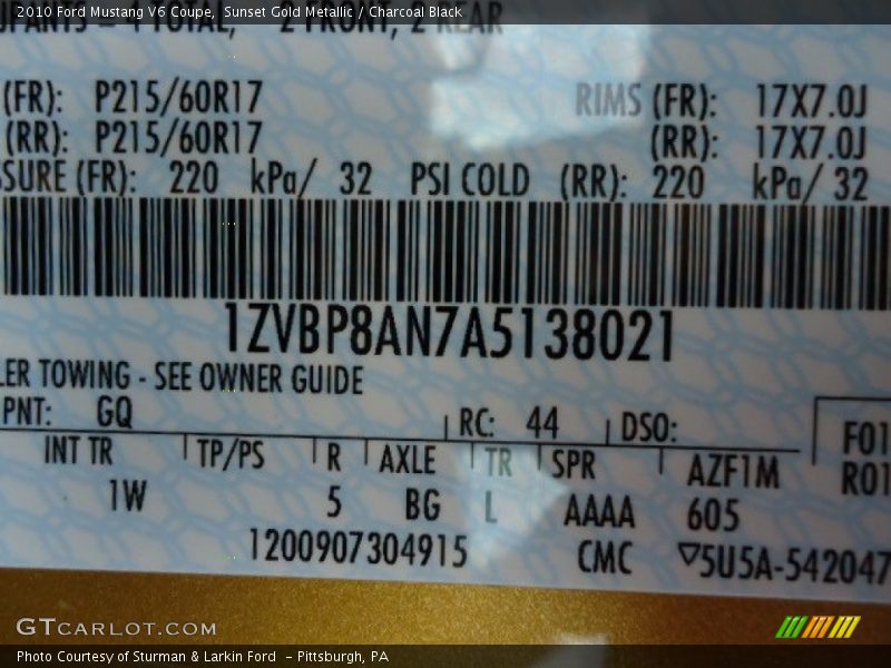 2010 Mustang V6 Coupe Sunset Gold Metallic Color Code GQ