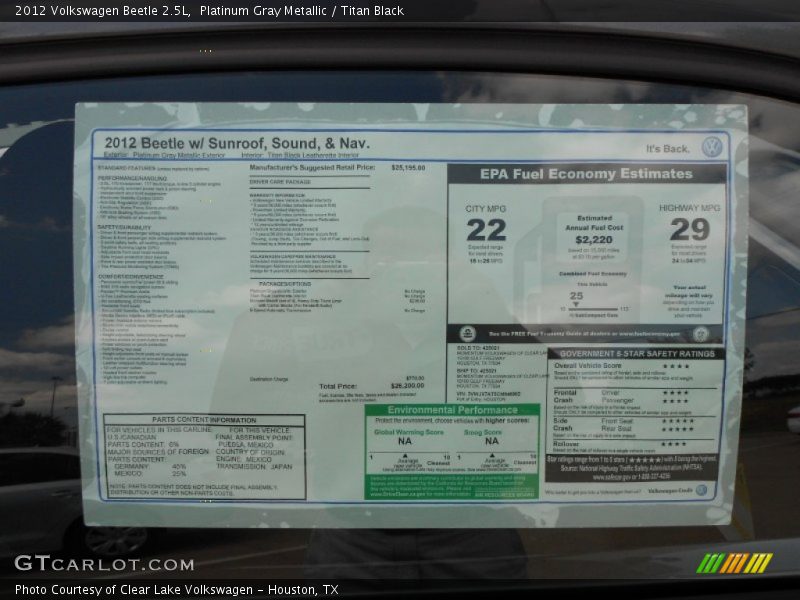  2012 Beetle 2.5L Window Sticker