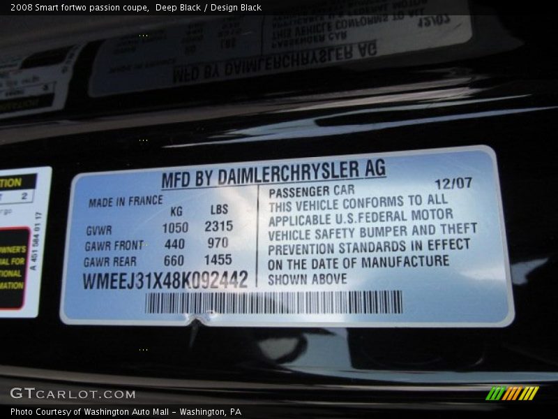 Deep Black / Design Black 2008 Smart fortwo passion coupe