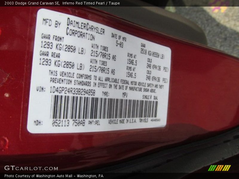 2003 Grand Caravan SE Inferno Red Tinted Pearl Color Code PEL