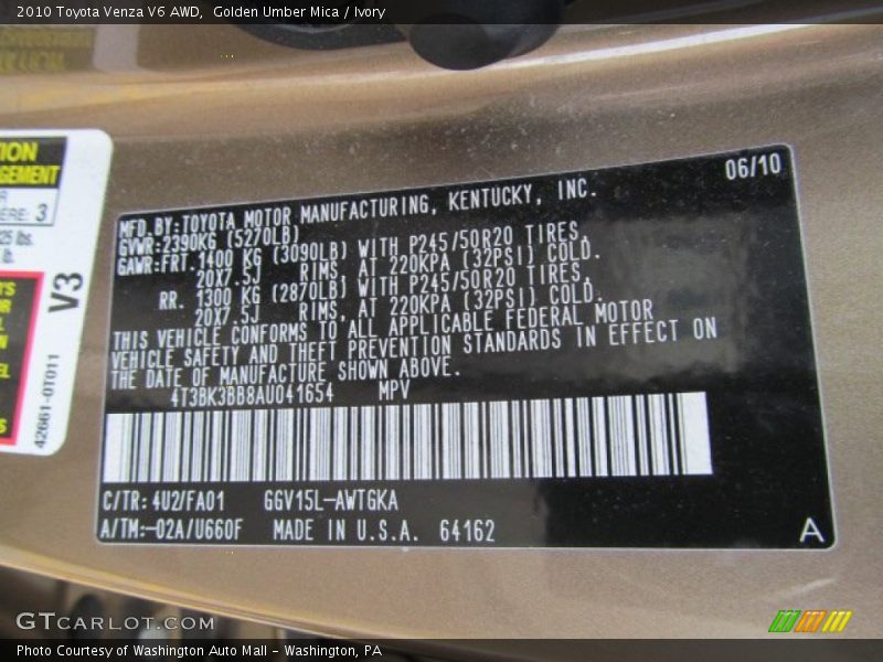 Golden Umber Mica / Ivory 2010 Toyota Venza V6 AWD