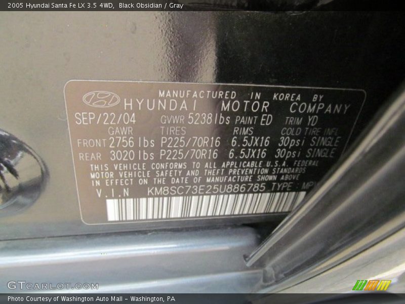 Black Obsidian / Gray 2005 Hyundai Santa Fe LX 3.5 4WD