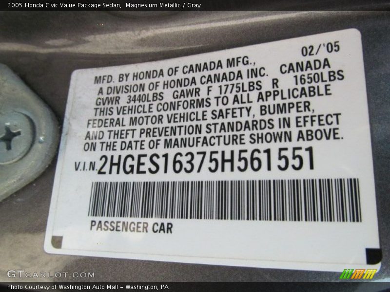 Magnesium Metallic / Gray 2005 Honda Civic Value Package Sedan