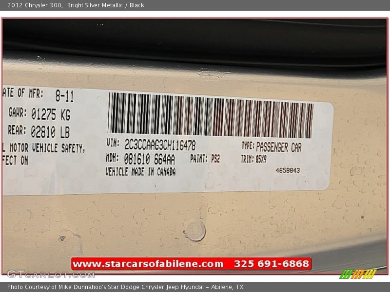 Bright Silver Metallic / Black 2012 Chrysler 300
