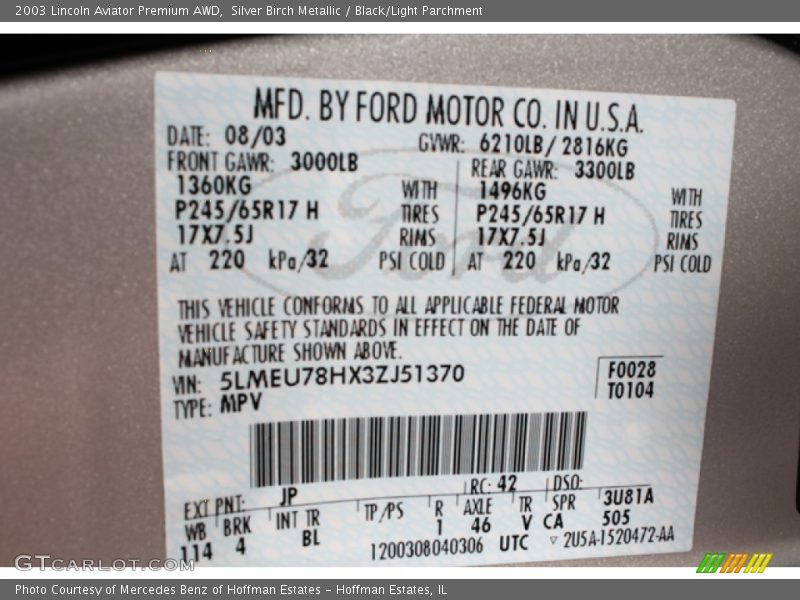 Silver Birch Metallic / Black/Light Parchment 2003 Lincoln Aviator Premium AWD