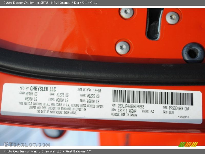 2009 Challenger SRT8 HEMI Orange Color Code PLC