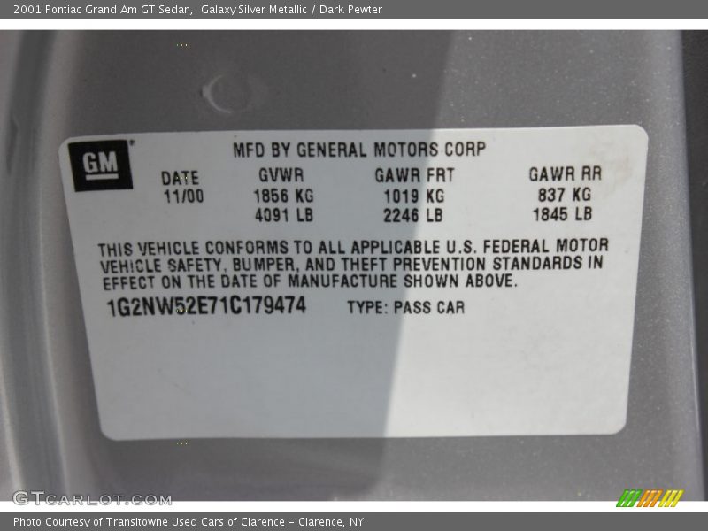 Galaxy Silver Metallic / Dark Pewter 2001 Pontiac Grand Am GT Sedan