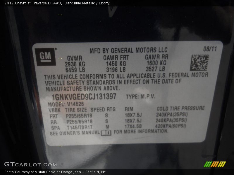 Dark Blue Metallic / Ebony 2012 Chevrolet Traverse LT AWD