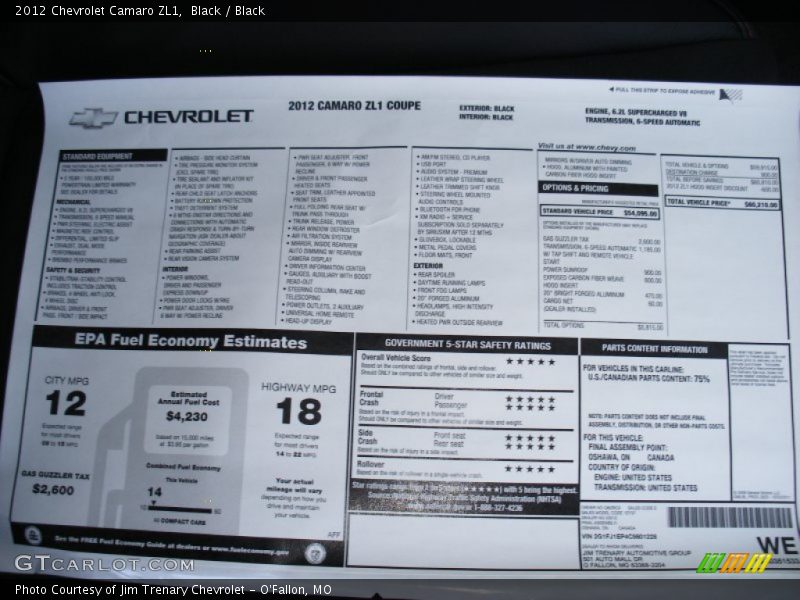  2012 Camaro ZL1 Window Sticker