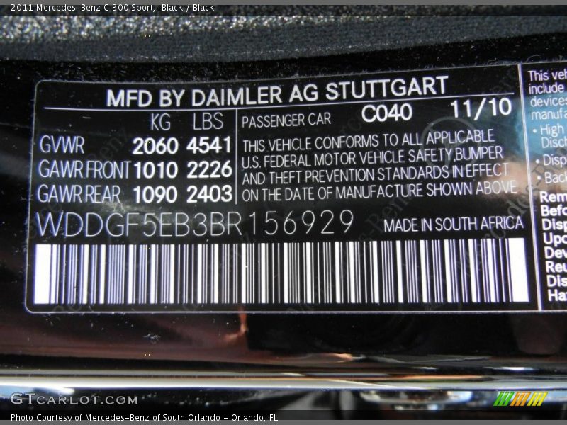 2011 C 300 Sport Black Color Code 040