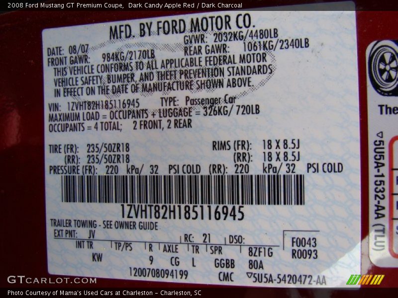 Dark Candy Apple Red / Dark Charcoal 2008 Ford Mustang GT Premium Coupe