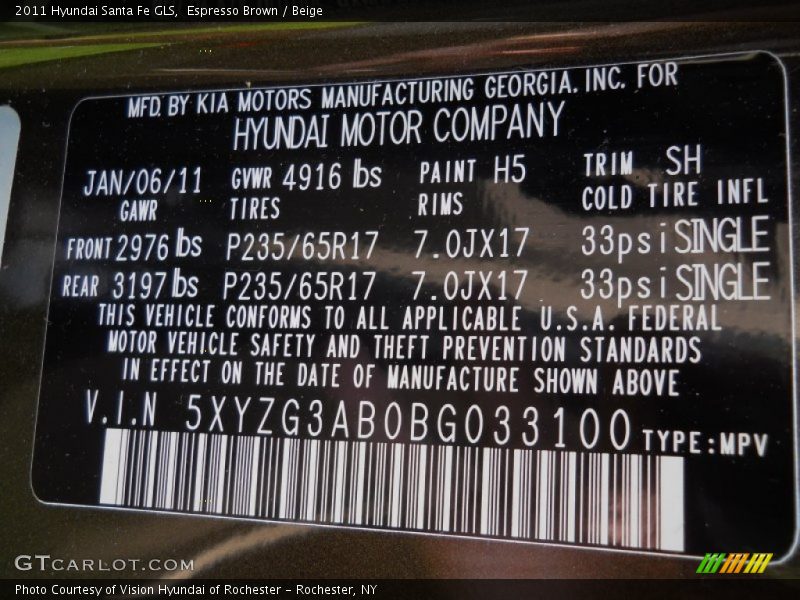 Espresso Brown / Beige 2011 Hyundai Santa Fe GLS