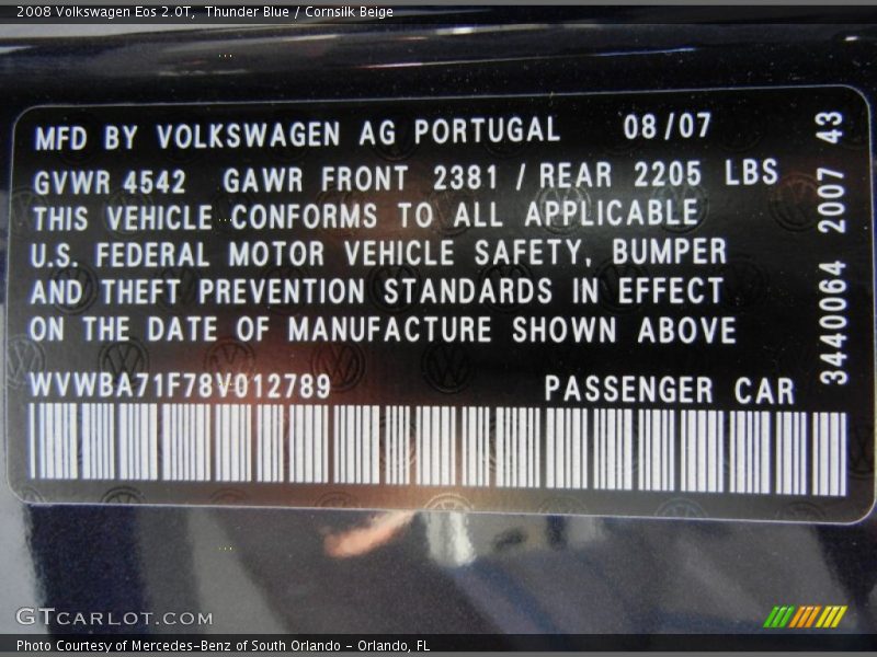 Thunder Blue / Cornsilk Beige 2008 Volkswagen Eos 2.0T