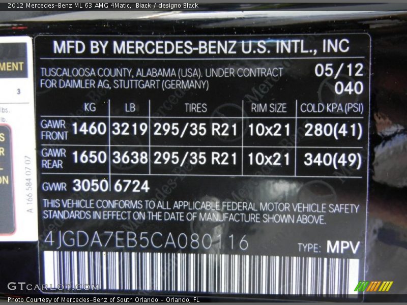 2012 ML 63 AMG 4Matic Black Color Code 040