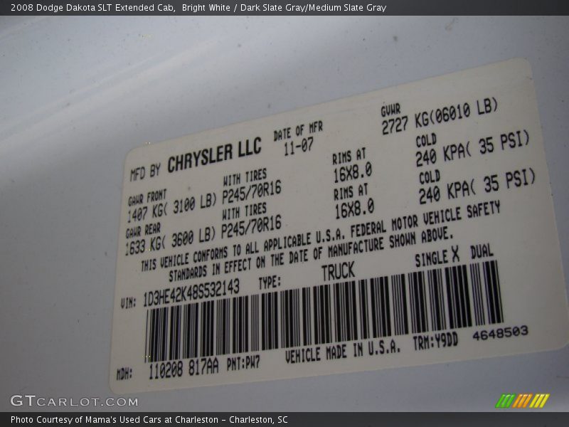 Bright White / Dark Slate Gray/Medium Slate Gray 2008 Dodge Dakota SLT Extended Cab