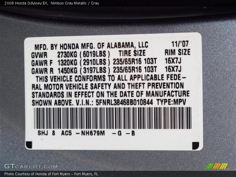 Nimbus Gray Metallic / Gray 2008 Honda Odyssey EX