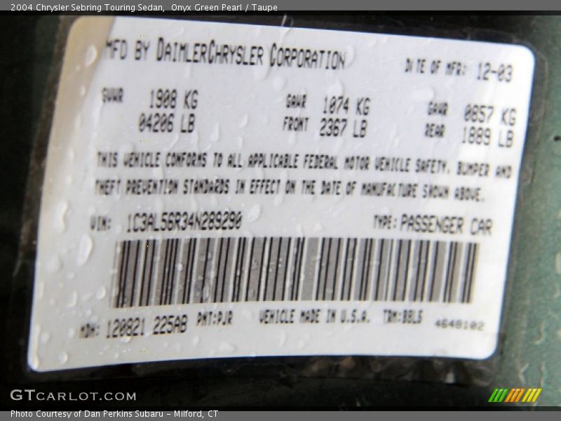 2004 Sebring Touring Sedan Onyx Green Pearl Color Code PJR