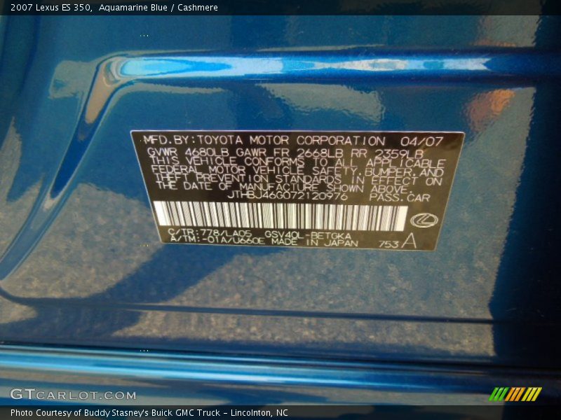 2007 ES 350 Aquamarine Blue Color Code 778