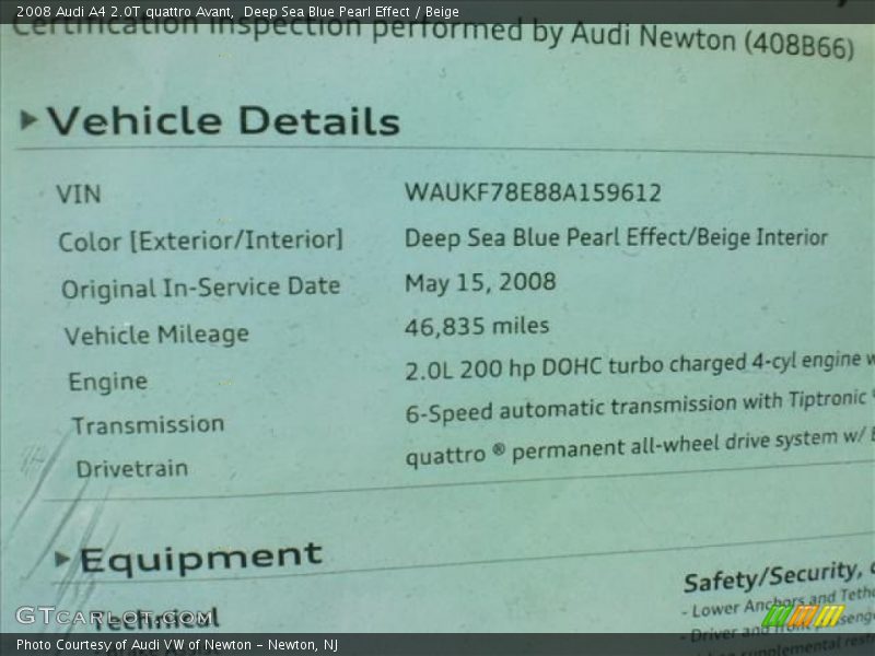 Deep Sea Blue Pearl Effect / Beige 2008 Audi A4 2.0T quattro Avant