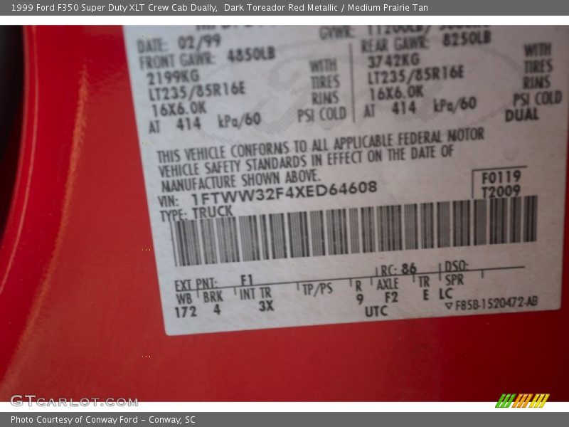 Dark Toreador Red Metallic / Medium Prairie Tan 1999 Ford F350 Super Duty XLT Crew Cab Dually