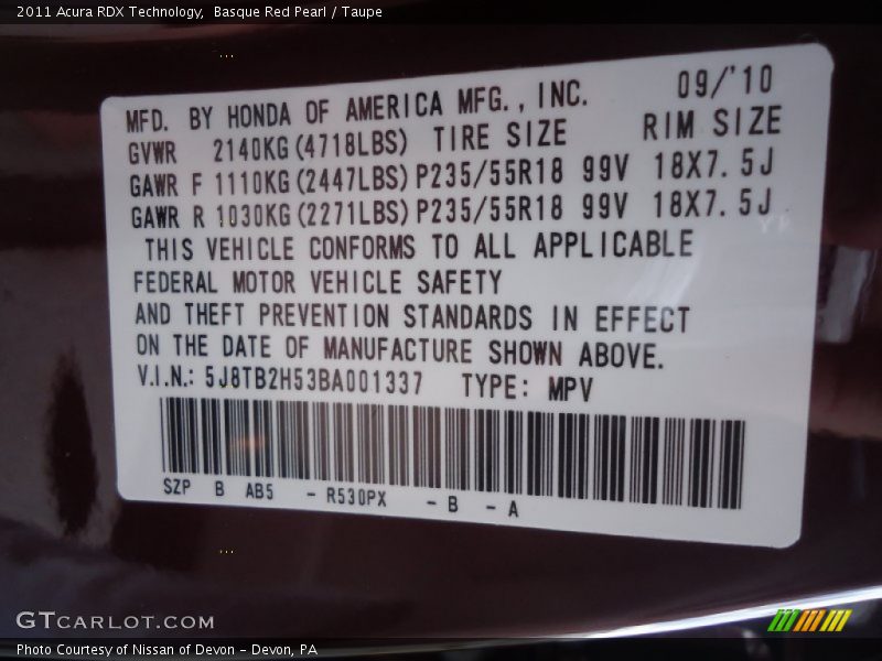 2011 RDX Technology Basque Red Pearl Color Code R530PX