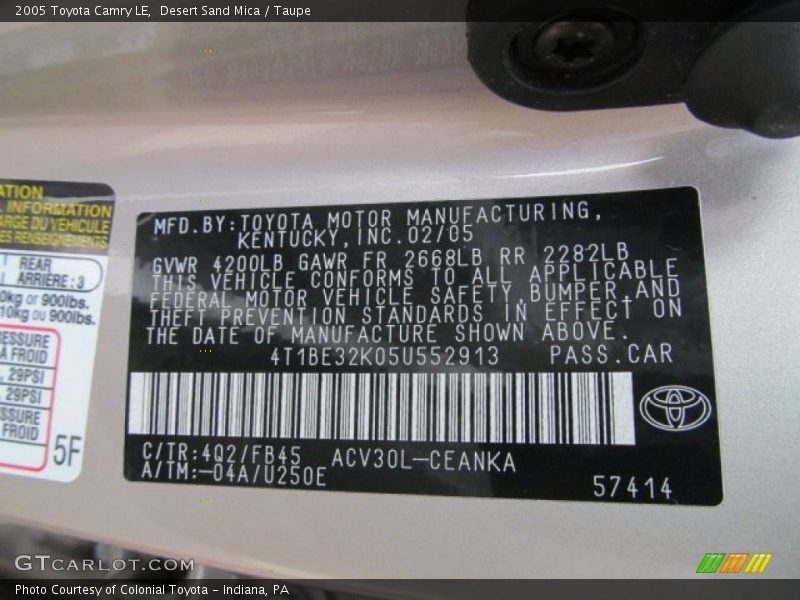 2005 Camry LE Desert Sand Mica Color Code 4Q2