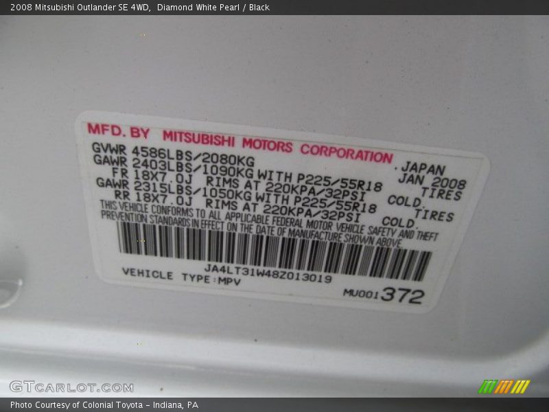 Diamond White Pearl / Black 2008 Mitsubishi Outlander SE 4WD
