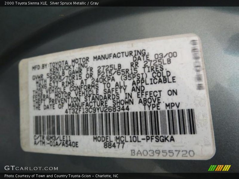2000 Sienna XLE Silver Spruce Metallic Color Code 6M3