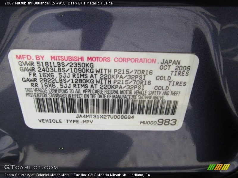 Deep Blue Metallic / Beige 2007 Mitsubishi Outlander LS 4WD
