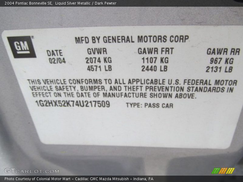 Liquid Silver Metallic / Dark Pewter 2004 Pontiac Bonneville SE