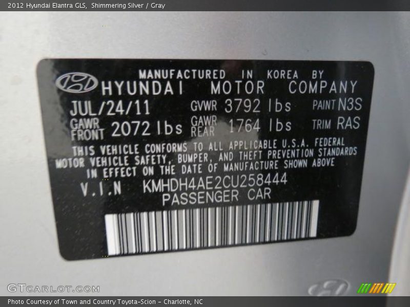 Shimmering Silver / Gray 2012 Hyundai Elantra GLS
