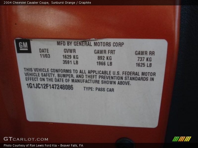Sunburst Orange / Graphite 2004 Chevrolet Cavalier Coupe