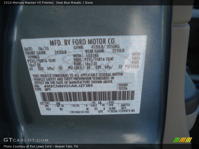 Steel Blue Metallic / Stone 2010 Mercury Mariner V6 Premier