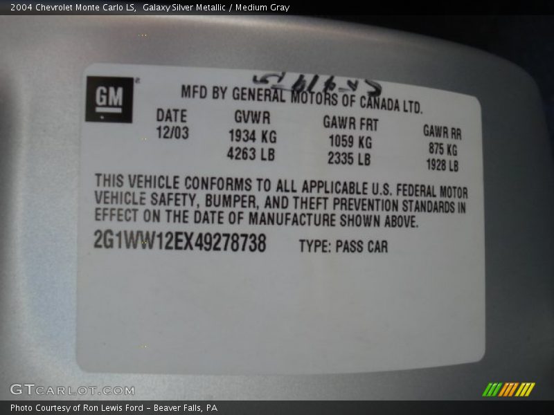 Galaxy Silver Metallic / Medium Gray 2004 Chevrolet Monte Carlo LS