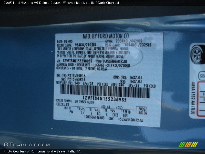 2005 Mustang V6 Deluxe Coupe Windveil Blue Metallic Color Code P3