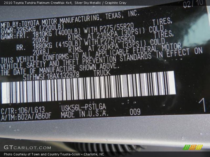 2010 Tundra Platinum CrewMax 4x4 Silver Sky Metallic Color Code 1D6