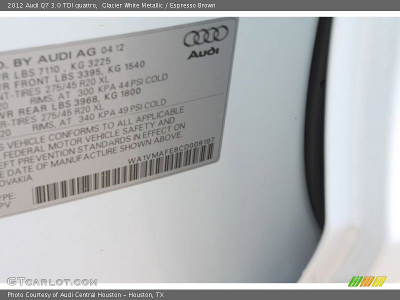 Glacier White Metallic / Espresso Brown 2012 Audi Q7 3.0 TDI quattro