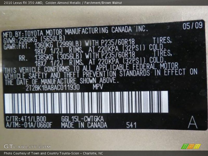 2010 RX 350 AWD Golden Almond Metallic Color Code 4T1