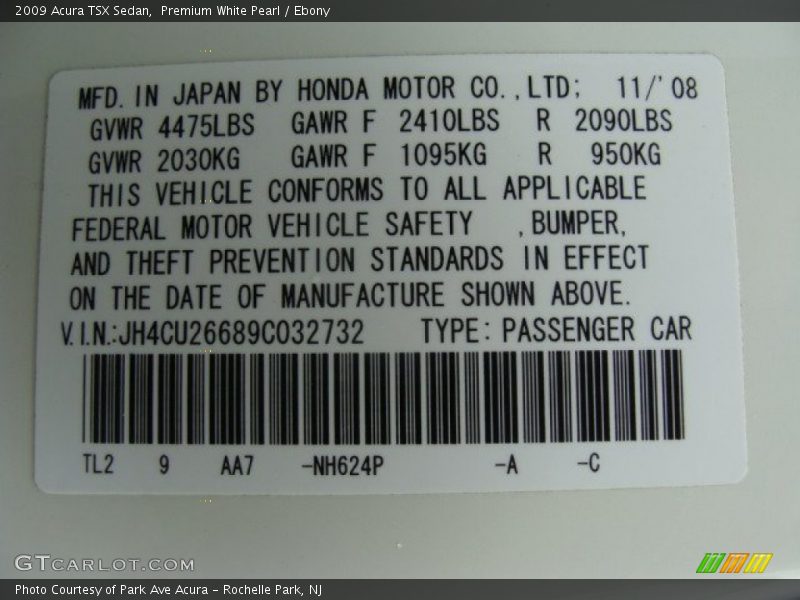 Premium White Pearl / Ebony 2009 Acura TSX Sedan