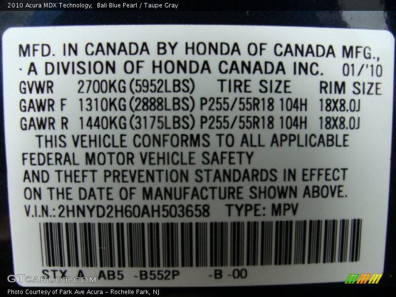 2010 MDX Technology Bali Blue Pearl Color Code B552P