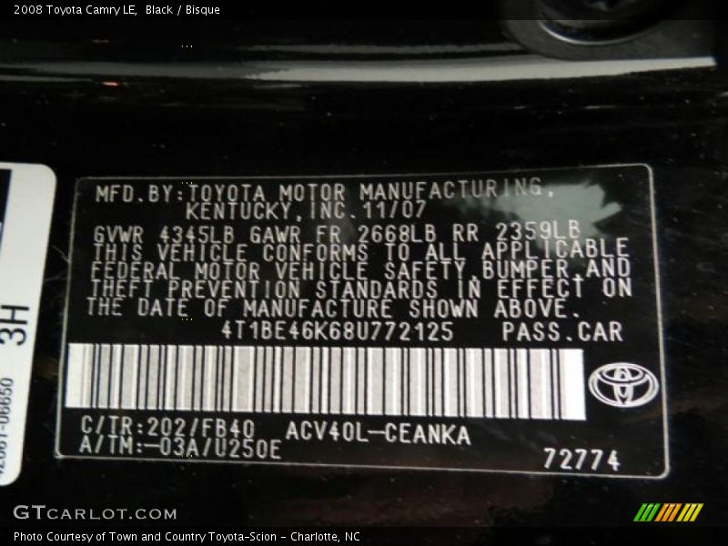 Black / Bisque 2008 Toyota Camry LE