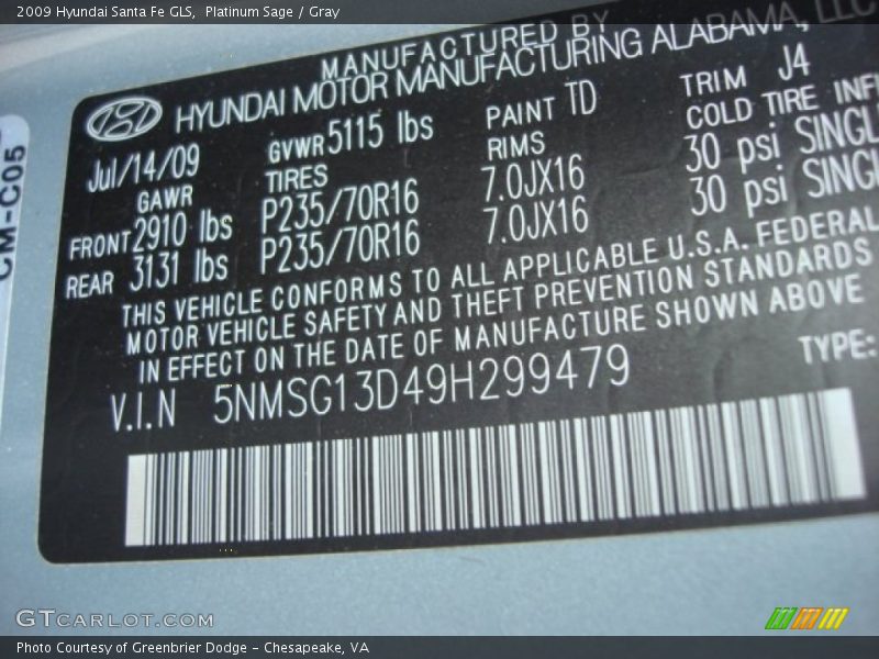 Platinum Sage / Gray 2009 Hyundai Santa Fe GLS