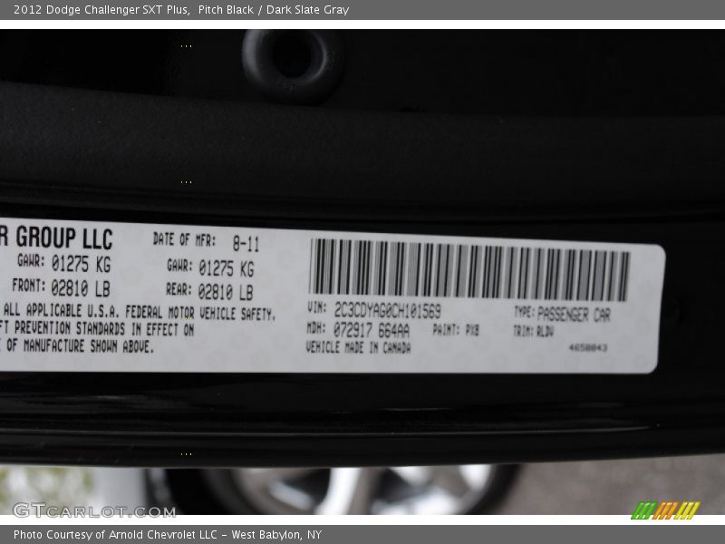 2012 Challenger SXT Plus Pitch Black Color Code PX8