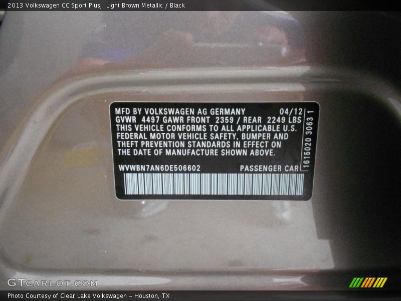 Light Brown Metallic / Black 2013 Volkswagen CC Sport Plus
