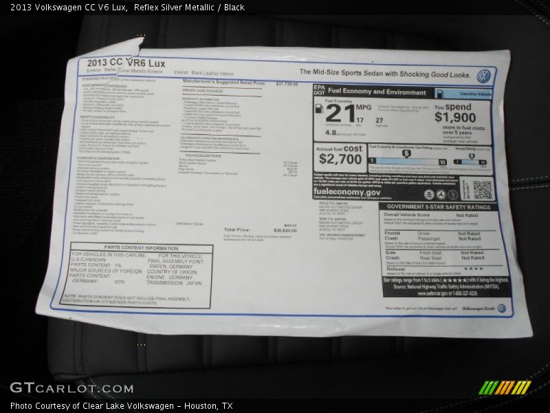  2013 CC V6 Lux Window Sticker